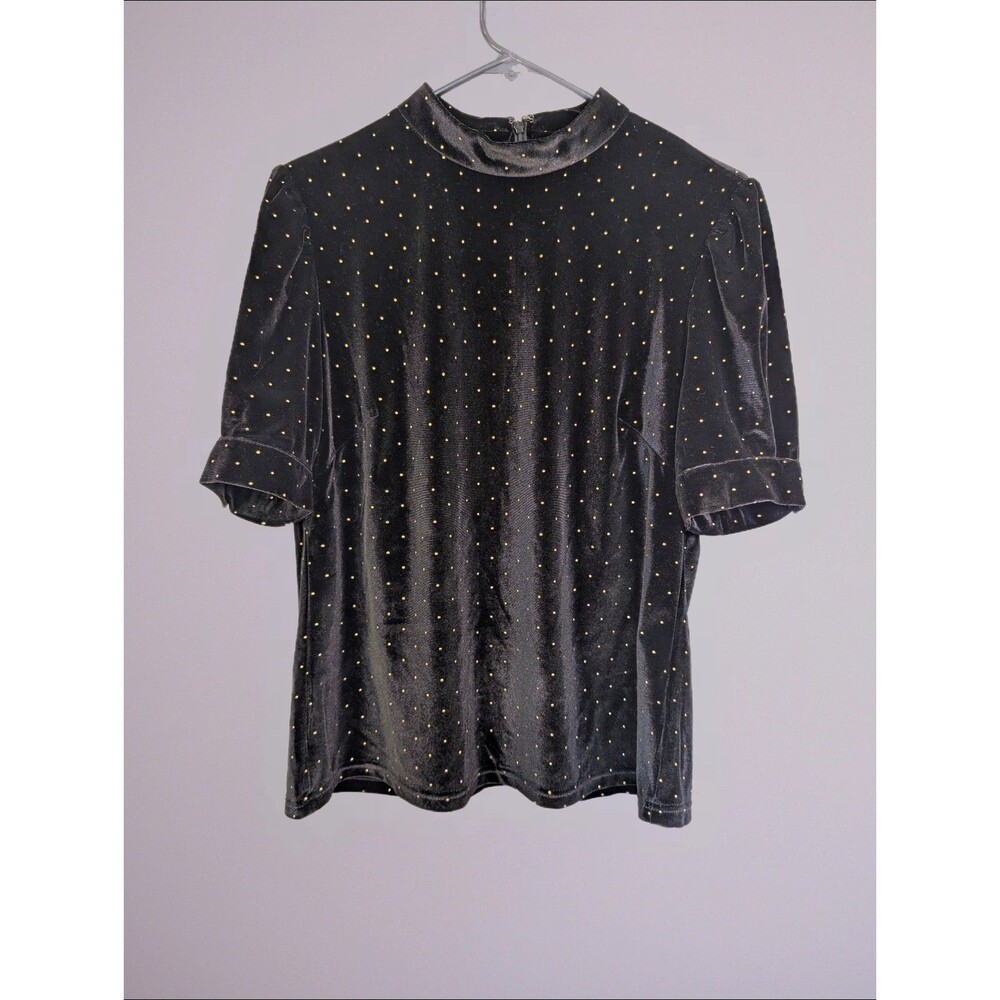 Women's Nanette Lepore Velvet Mock Neck Polka Dot Short Sleeve Top Black Medium